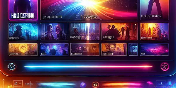 A futuristic digital interface showcasing a vast library of adult videos with vibrant thumbnails and enticing ambiance.