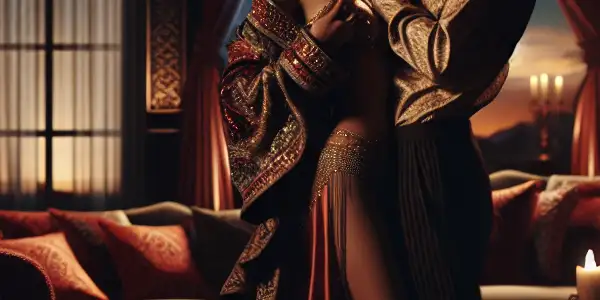 A passionate couple in a luxurious hotel room, illuminated by soft lighting and a starry night backdrop.