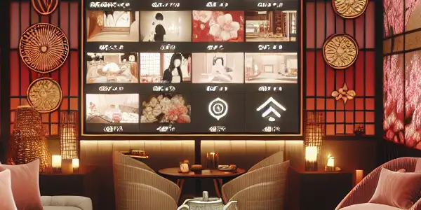 A luxurious virtual lounge featuring Japanese decor, showcasing a modern adult entertainment interface with high-definition video thumbnails.