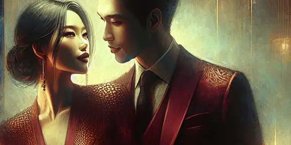 A passionate couple in a dimly lit, luxurious room, surrounded by abstract visuals symbolizing Western and Japanese adult film elements.