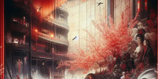 A dimly lit underground cinema with plush red seats, showcasing abstract erotic imagery and patrons engaged in intrigue.