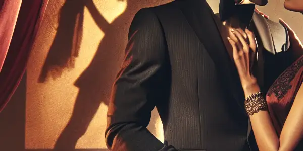 A stylish couple embraces in a luxurious, dimly lit room, evoking passion and sensuality.