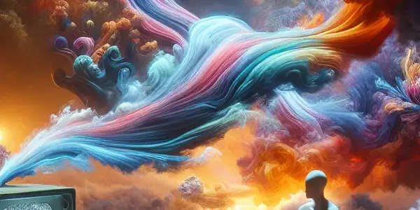 A person in a dim room surrounded by colorful thought clouds and ghostly figures, symbolizing chaotic fantasies and escapism.
