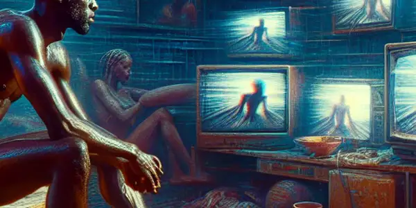A solitary person in a dim room, surrounded by chaotic screens, symbolizing isolation and the impact of adult film consumption.