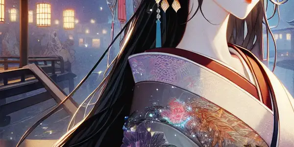 A seductive heroine in a romantic Japanese setting, featuring cherry blossoms and a moonlit pond.