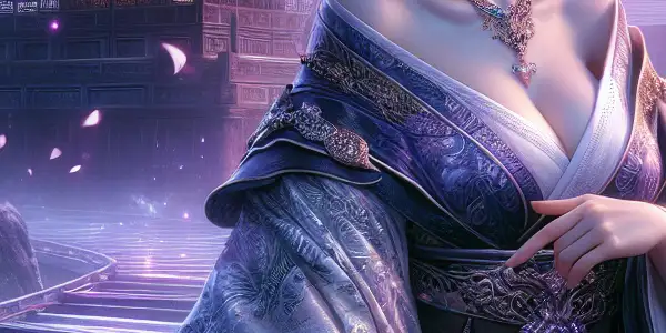 A captivating character inspired by Huang Rong in a seductive pose amidst a mystical landscape with cherry blossoms.