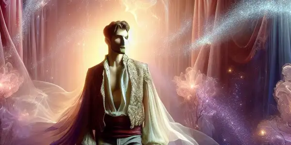 A mystical forest scene featuring an alluring figure amidst magical elements, evoking fantasy and sensuality.