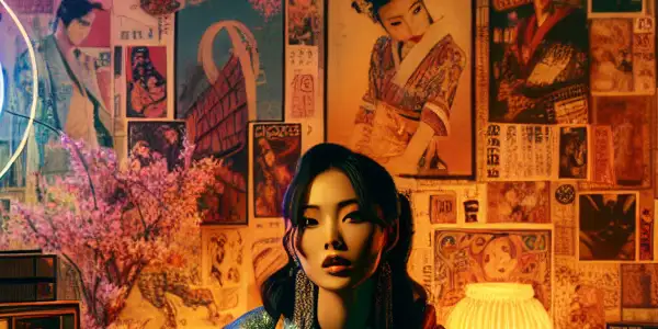 A vibrant 1980s film set featuring a stylish actress blending Japanese and Western influences, illuminated by neon lights.