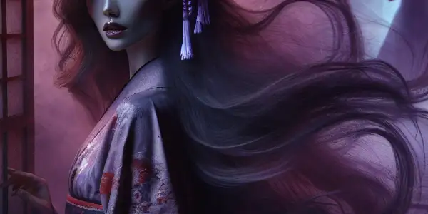 A haunting female ghost in a kimono surrounded by mist in a dimly lit ancient Japanese house.