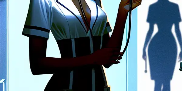 A confident nurse in alluring attire stands in a dimly lit hospital, holding a stethoscope amidst shadows and flickering lights.