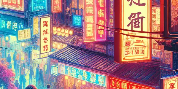 A vibrant night market in Taiwan featuring neon lights, adult entertainment options, and subtle Japanese cultural influences.