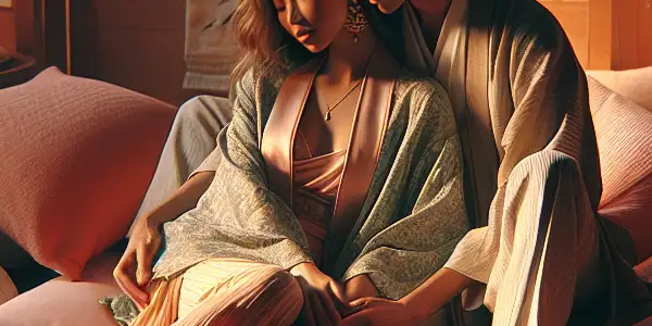 A cozy, intimate scene of a diverse couple sharing a tender moment in a softly lit room.