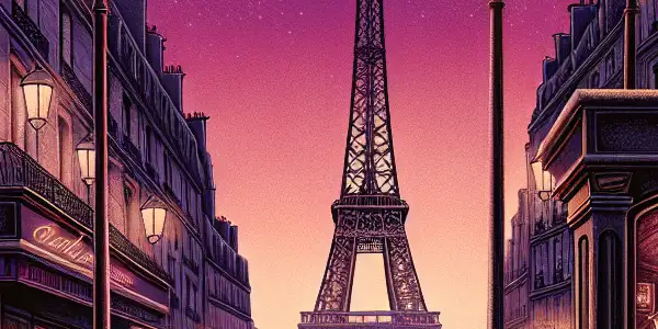 A romantic twilight scene in Paris featuring the Eiffel Tower, vintage architecture, and an intimate underground cinema entrance.