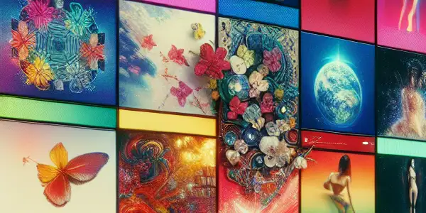 A vibrant digital collage showcasing a sleek interface of diverse adult entertainment genres with Japanese motifs and modern elements.