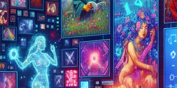 A vibrant, futuristic digital landscape showcasing diverse characters engaging with holographic interfaces of adult content.