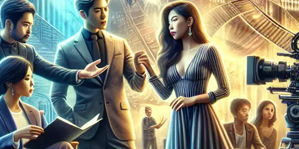 A vibrant film set showcasing a director and actors in the Japanese adult film industry, highlighting creativity and collaboration.