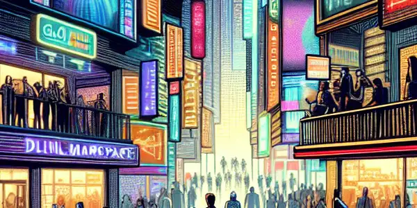 A bustling digital marketplace showcasing a confident Japanese AV actress amid vibrant ads and shadows of exploitation.