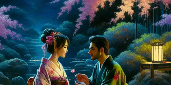 A serene Japanese garden at twilight, featuring cherry blossoms, intimate figures, and a romantic, enchanting atmosphere.