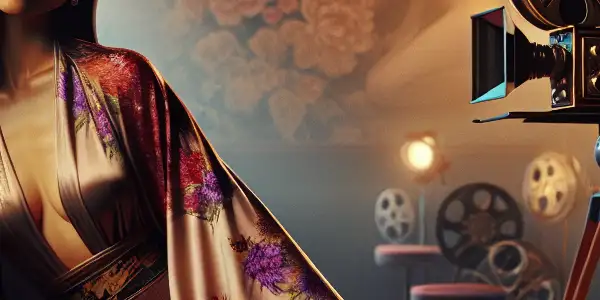 A glamorous Japanese actress in a floral kimono, exuding allure in a vintage film studio setting.