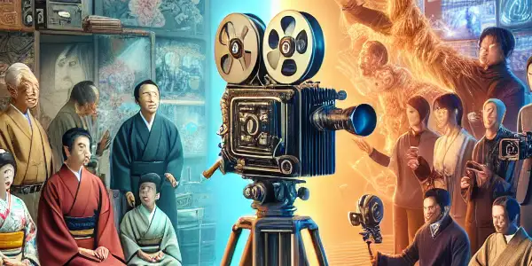 A split scene depicting the evolution of Japanese adult films, from vintage traditional sets to vibrant modern production.