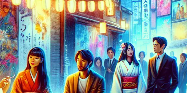 A vibrant Tokyo alleyway at night featuring a film studio entrance and characters discussing Japanese adult film concepts.