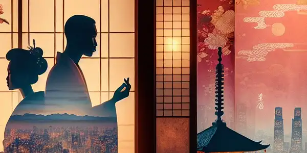 A romantic, dimly lit Japanese room featuring cherry blossoms, a Tokyo skyline, and a couple in an intimate embrace.