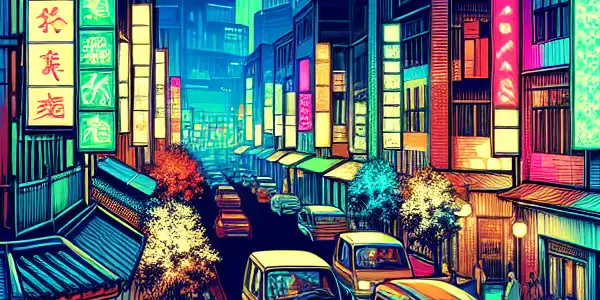 A bustling Tokyo Kabukicho district at night, illuminated by neon lights and filled with diverse crowds exploring adult entertainment.