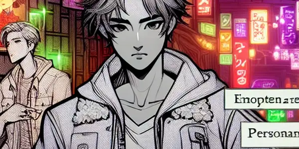 A vibrant, neon-lit Japanese game room featuring a dynamic character engaged in a choice-driven romantic narrative.