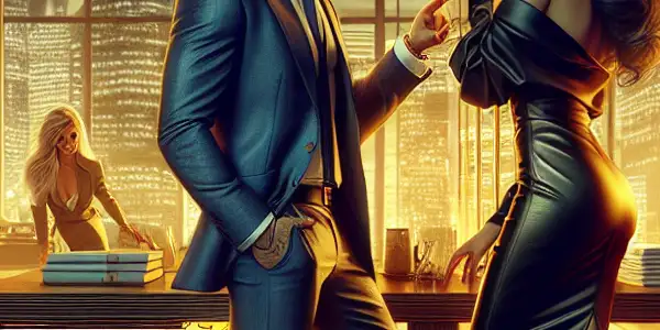 A flirtatious interaction between a confident secretary and her charismatic boss in a modern office setting.