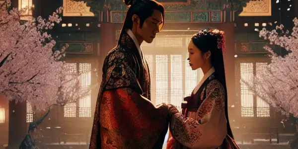 A romantic encounter between a scholar and courtesan in a cherry blossom-filled Joseon Dynasty palace courtyard.<a href=