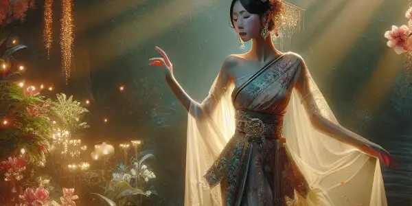 A captivating woman in traditional Taiwanese attire amidst a lush, tropical landscape, embodying beauty and cultural allure.