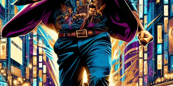 A charismatic male figure in mid-motion, set against Tokyo's vibrant nightlife, embodying energy and allure.