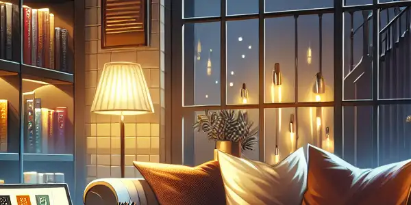 Cozy reading nook in a modern library, featuring plush seating, colorful books, and a starry night view.